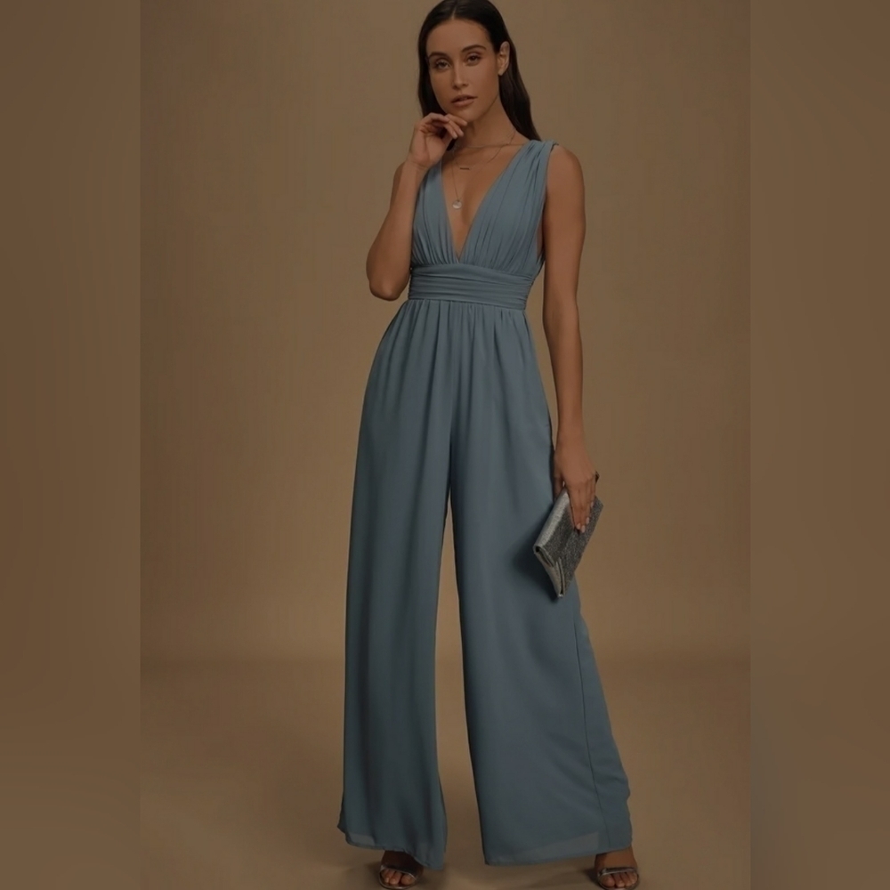 Lulu's Divine Muse Slate Blue Wide-Leg Jumpsuit - Picture 1 of 12